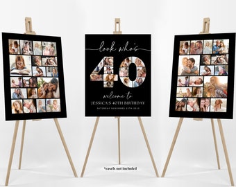 Black 40th Birthday Photo Collage Poster Bundle TEMPLATE, Look who's 40, Customizable Collage Board, Photo Montage Display Digital Download