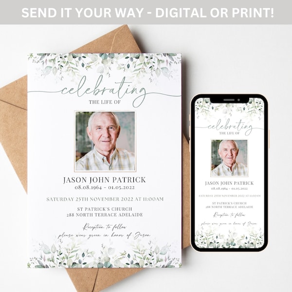 Greenery Funeral Announcement TEMPLATE for Male or Female, Celebration of Life Text Invitation, Digital Memorial Printable for Men