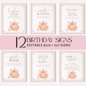 May include: A set of 12 editable birthday signs in 8x10 and 5x7 inch sizes. Each sign features a white background, a light pink border, and a central illustration of a light orange pumpkin tied with a large, flowing light pink ribbon bow.
