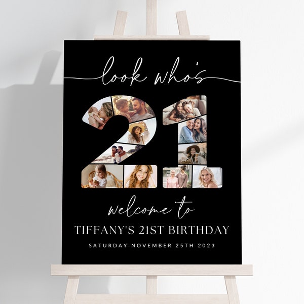 Black 21st Birthday Photo Collage TEMPLATE, Look Who's 21, Customizable Photo Collage Board, Montage Display Poster, Digital Download DIY