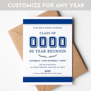Class Reunion Invitation TEMPLATE 10th 20th 30th 40th 50th, High School Reunion Invite, Blue and White Class Reunion Invites Customizable