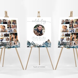 Celebration of Life Sign Template Bundle Mountain, Funeral Photo Collage for Men, Memorial Easel Display Poster for Father Husband