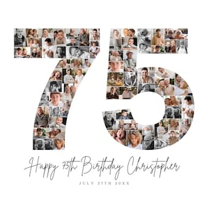 75th Birthday Photo Collage TEMPLATE, 75th Birthday Gift, Customizable Birthday Welcome Sign, Number Seventy Five Poster, Party Decor, BC1
