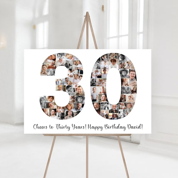 Number 30 Birthday Photo Collage TEMPLATE, Cheers to 30 Years Personalized 30th Birthday Gift for Male or Female, Party Decor Ideas