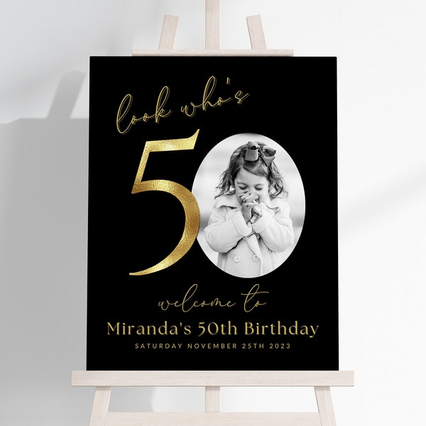 Black and Gold 50th Birthday Photo Collage TEMPLATE, Look Who's 50, Customizable Photo Montage Display Poster, Fifty Milestone