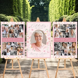 May include: Three pink floral memorial photo collage posters with the text "Celebrating the life of" and "Rosemary Lozier" on the center poster. The left poster says "Always Remembered" and the right poster says "Never Forgotten".