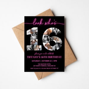 Neon Pink and Black 16th Birthday Invitation TEMPLATE with photo collage, Look Who's 16, Sweet Sixteen Party Stationery, Modern Invite