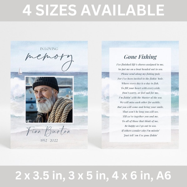 Fishing Memorial Card Template for Male, Gone Fishing Poem Prayer Card, Double Sided Obituary Card, Male Funeral Memory Card, Funeral Favor