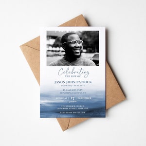 Blue Electronic Funeral Announcement TEMPLATE, Watercolor Ocean Celebration of Life Text Invitation, Digital Memorial Printable for Men image 6