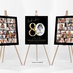 Black and Gold 80th Birthday Photo Collage Poster TEMPLATE Set, Look who's 80 Black, Customizable Photo Display, Eighty Modern Minimalist