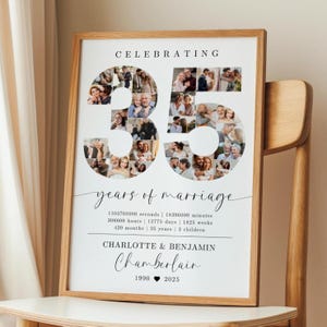 May include: A framed print celebrating 35 years of marriage. The number 35 is filled with multiple photos. The print includes the text "Celebrating 35 years of marriage" and the names "Charlotte & Benjamin Chamberlain" with the years 1990-2025.