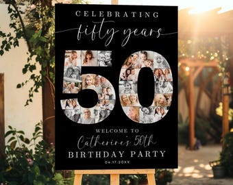 50th Birthday Photo Collage TEMPLATE, Celebrating 50 Years, Party Welcome Sign, Photo Montage Display Poster, Canva Template, C1
