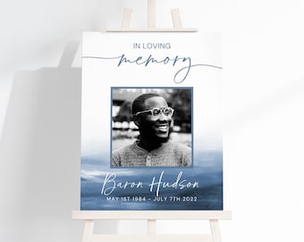 Blue Celebration of Life Welcome Sign Template for Man, In Loving Memory Sign for Funeral , Easel Collage Poster for Father or Grandfather