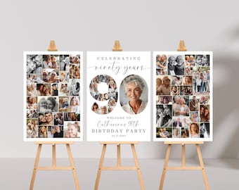 90th Birthday Photo Collage Poster Bundle TEMPLATE Set, Celebrating 90 Years, Party Welcome Sign, Picture Board, Montage Display, C1