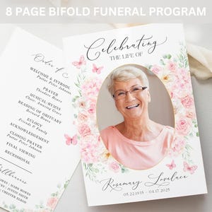 8 Page Bifold Funeral Program TEMPLATE, Pink Roses with Butterflies, Celebration of Life Order of Service, Memorial Program Obituary, F5