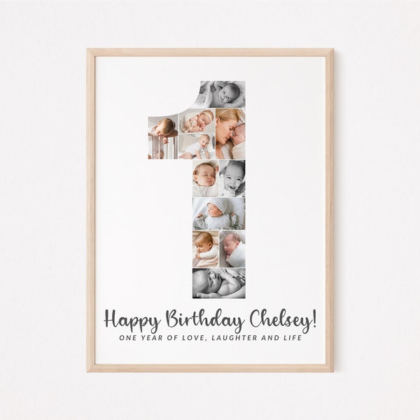 1st Birthday Photo Collage TEMPLATE for One Year Old, Personalized First Birthday Gift for Boy or Girl, Party Decor Ideas, Picture Collage