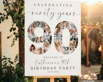 90th Birthday Photo Collage TEMPLATE, Celebrating 90 Years, Party Welcome Sign, Photo Montage Display Poster, Canva Template, C1