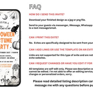 May include: A digital Halloween costume party invitation displayed on a smartphone. The design features spooky illustrations of bats, a skull, a black cat, and a pumpkin. Text includes party details and FAQ information.