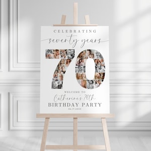 K&ouml;nnte beinhalten: Ein wei&szlig;es Willkommenszeichen mit schwarzem Rand und dem Text "Celebrating seventy years". Die Zahl 70 besteht aus Fotos von Personen. Der Text unter der Zahl lautet "Welcome to Catherine's 70th Birthday Party 04.17.20XX".