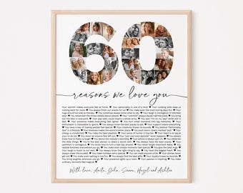 60 Reasons We Love You Photo Collage TEMPLATE, Personalized Birthday Gift for Male Female Mom Dad Grandparent, 60th Anniversary Gift, Canva