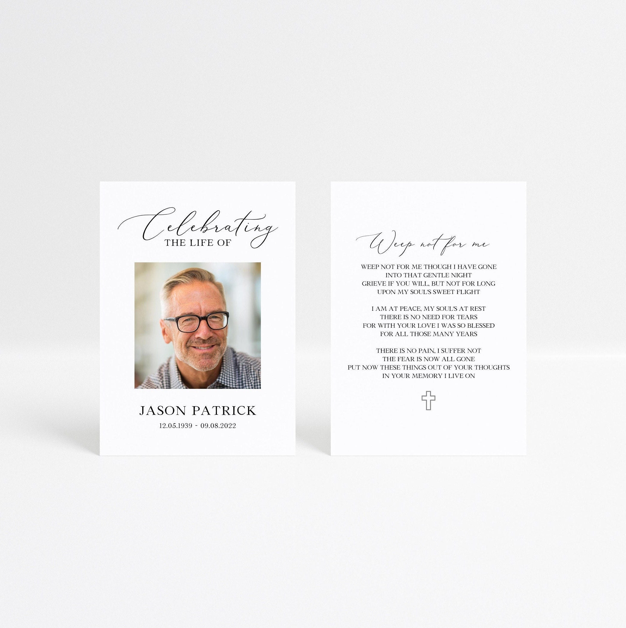 Minimalist Memorial Card Template, Funeral Favors, Printable Prayer Card, Double Sided Obituary Card, Male Funeral Card, Classic Memory Card