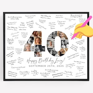 40th Birthday Photo Collage Poster TEMPLATE with room for signatures, Customizable Photo Collage Board Forty, Photo Display Custom Gift