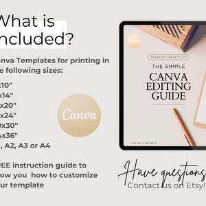 Op de afbeelding: Een digitale Canva-bewerkingsgids weergegeven op een tablet. De gids heet "The Simple Canva Editing Guide" en bevat een lijst met sjabloonformaten: 8x10", 11x14", 16x20", 18x24", 20x30", 24x36", A1, A2, A3 en A4. De afbeelding bevat ook het Canva-logo.