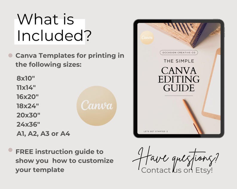 Op de afbeelding: Een digitale Canva-bewerkingsgids weergegeven op een tablet. De gids heet "The Simple Canva Editing Guide" en bevat een lijst met sjabloonformaten: 8x10", 11x14", 16x20", 18x24", 20x30", 24x36", A1, A2, A3 en A4. De afbeelding bevat ook het Canva-logo.