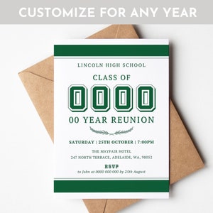 Class Reunion Invitation TEMPLATE 10th 20th 30th 40th 50th, High School Reunion Invite, Green and White Class Reunion Invites Customizable