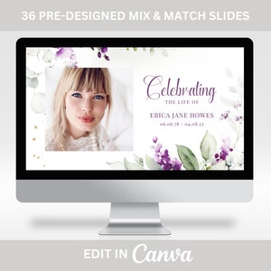 May include: A digital image on a computer screen shows a memorial slide template with a watercolor floral design in shades of purple, green, and white. The template includes a photo placeholder, the text "Celebrating the life of", a name, and dates. The text "Edit in Canva" is at the bottom of the screen.