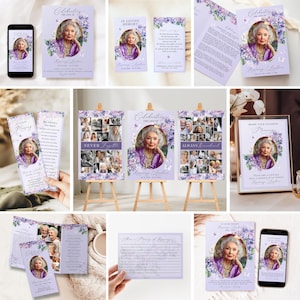 Purple Floral Funeral TEMPLATE Bundle, Memorial Stationery Set, Celebration of Life Funeral Stationery, Hydrangea Butterflies, F1