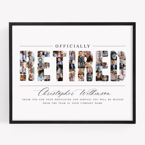 Retired Word Photo Collage TEMPLATE, Personalized Retirement Gift, DIY Going Away Present, Memory Board, Self Edit Canva Template