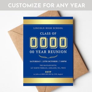 May include: Blue and gold invitation for a high school reunion. The invitation says "Lincoln High School Class of 0000 00 Year Reunion" and includes the date and time of the event, the location, and RSVP information.