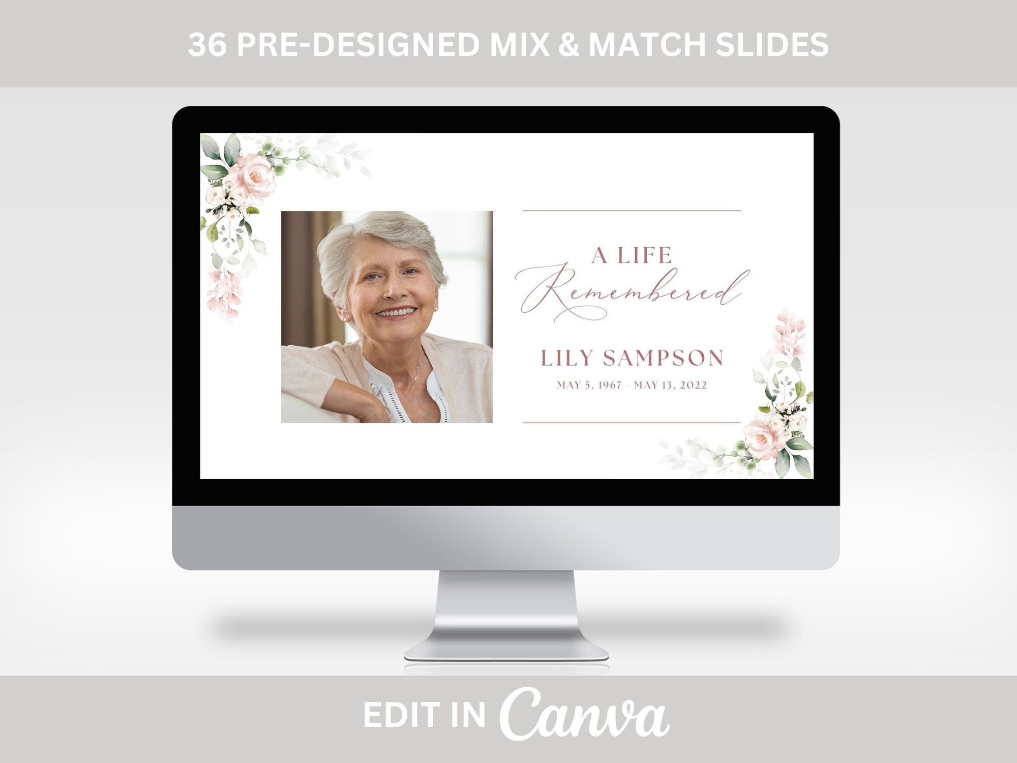Pink Rose Funeral Photo Slideshow Template, Memorial Video for Woman, Pink Floral Celebration of Life Presentation, Funeral Photo Tribute