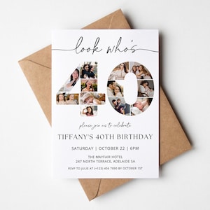 40th Birthday Invitation TEMPLATE with photo collage, Look Who&#39;s 40, Fortieth Party Stationery, Black and White Minimalist, Modern Invite