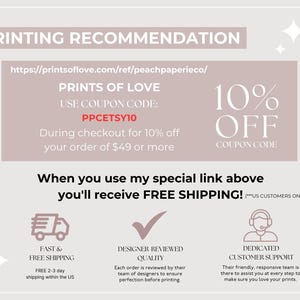 Op de afbeelding: Een promotionele afbeelding met tekst die Prints of Love aanbeveelt voor afdrukken. Het bevat een kortingscode van 10% PPCETSY10 voor bestellingen van $49 of meer. De afbeelding benadrukt ook gratis verzending en door ontwerpers beoordeelde kwaliteit.