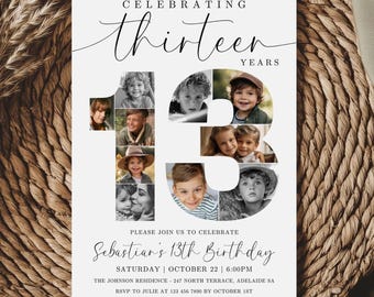 13th Birthday Invitation TEMPLATE with photo collage, Celebrating 13 Years, Thirteenth Party Stationery Printable, Canva Template