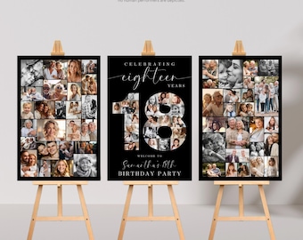 Könnte beinhalten: Drei schwarze rechteckige Geburtstagsschilder auf Holzstaffeleien. Die äußeren Schilder zeigen Fotocollagen. Das mittlere Schild zeigt den Text "CELEBRATING eighteen YEARS" und "WELCOME TO Samantha's 18th BIRTHDAY PARTY" mit Fotos in Form der Zahl 18.