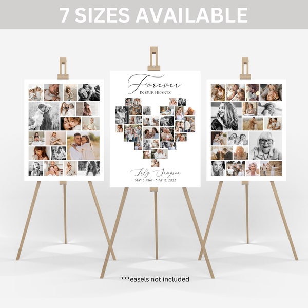 May include: Three white photo collage posters on easels, each featuring a heart-shaped arrangement of photos. The center poster reads "Forever in Our Hearts" with a name and dates. The posters are on a white background.