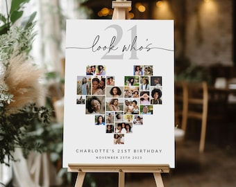 21st Birthday Photo Collage TEMPLATE, Look Who's 21, Heart Collage, Customizable Photo Board, Twenty First Birthday Decorations, Self-Edit