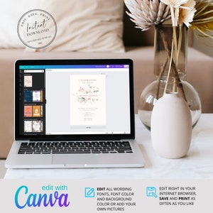May include: A laptop computer displaying a wedding invitation template on the screen. The invitation features a floral design with pink and green watercolor flowers and the text "Celebrating the Love of Roxie Quinn". The text "Edit with Canva" is displayed below the laptop.