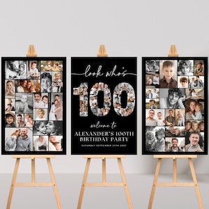 100th Birthday Photo Collage Poster Bundle TEMPLATE, Look who&#39;s 100, Customizable Photo Collage Board, Montage Display Digital Download