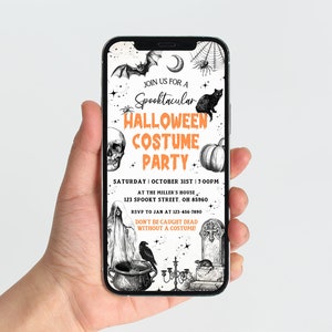 May include: A smartphone displays a Halloween costume party invitation. The invitation features a spooky design with a bat, spiderweb, black cat, skull, and pumpkin. Text includes "Spooktacular Halloween Costume Party" and event details.