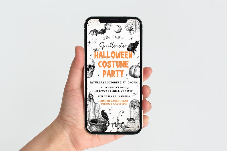 May include: A smartphone displays a Halloween costume party invitation. The invitation features a spooky design with a bat, spiderweb, black cat, skull, and pumpkin. Text includes "Spooktacular Halloween Costume Party" and event details.