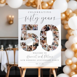 May include: White sign with black text that reads "Celebrating fifty years" with a photo collage of a couple in the shape of the number 50. Below the collage, the text reads "Welcome to Harriet and Peter's 50th Wedding Anniversary Party 09.17.25".