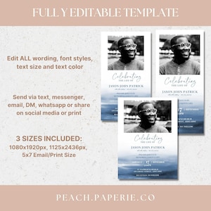 Blue Electronic Funeral Announcement TEMPLATE, Watercolor Ocean Celebration of Life Text Invitation, Digital Memorial Printable for Men image 2