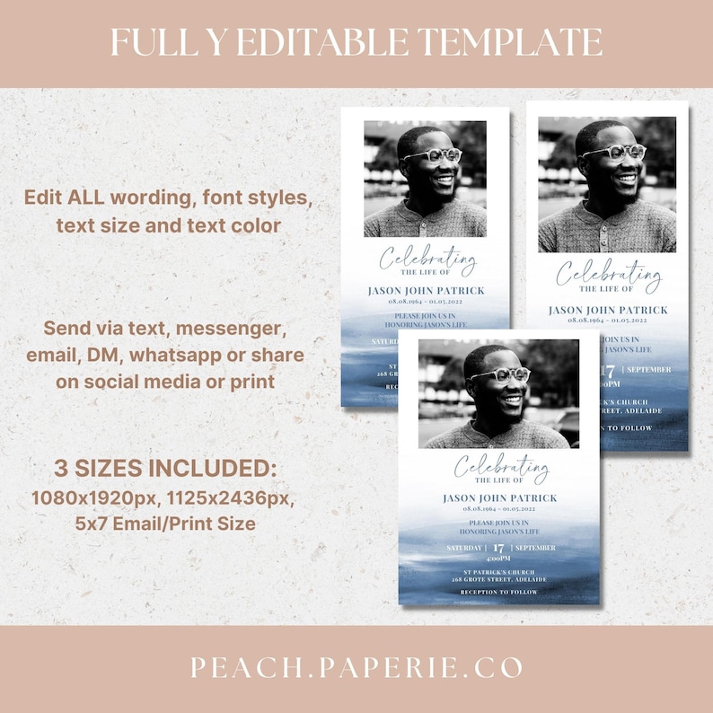 Blue Electronic Funeral Announcement TEMPLATE, Watercolor Ocean Celebration of Life Text Invitation, Digital Memorial Printable for Men image 2