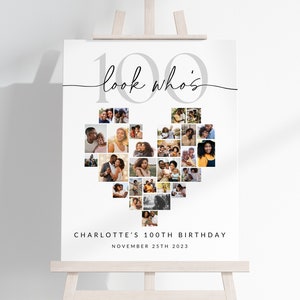 100th Birthday Photo Collage TEMPLATE, Look Who&#39;s 100, Heart Collage, Customizable Photo Board, 100 Birthday Decorations, Self-Edit Template