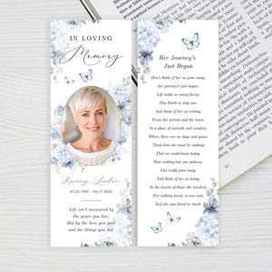 Blue Floral Memorial Bookmark TEMPLATE, Celebration of Life Funeral Bookmark, Hydrangea Butterfly Book Marker, Funeral Keepsake Favors, F2