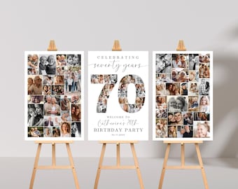 May include: Three white posters on wooden easels. The posters feature a collage of black and white photos. The center poster reads "Celebrating seventy years" and "Welcome to Catherine's 70th Birthday Party".